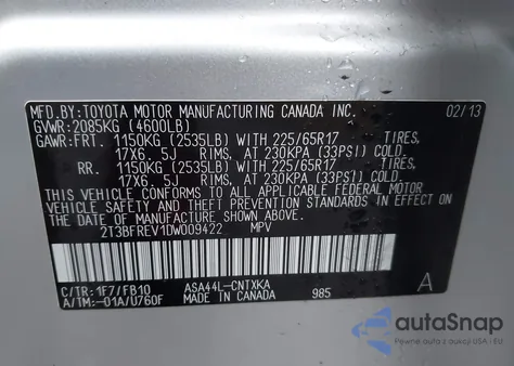 2013 Toyota Rav4 Le from USA, damaged, VIN 2T3BFREV1DW009422